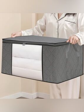 Gray Quilted Fabric Storage Bag with Clear Front Window NWOT